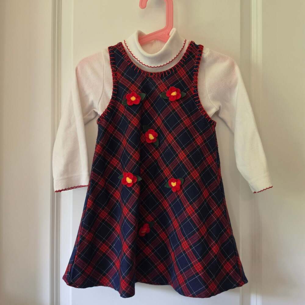 Vintage Youngland Girls 2T Plaid Christmas Dress Turtleneck Set Flower Pinafore